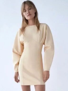 Zara Cream Neoprene Effect Mini Dress XS Puff Sleeve Structured Minimalist Chic